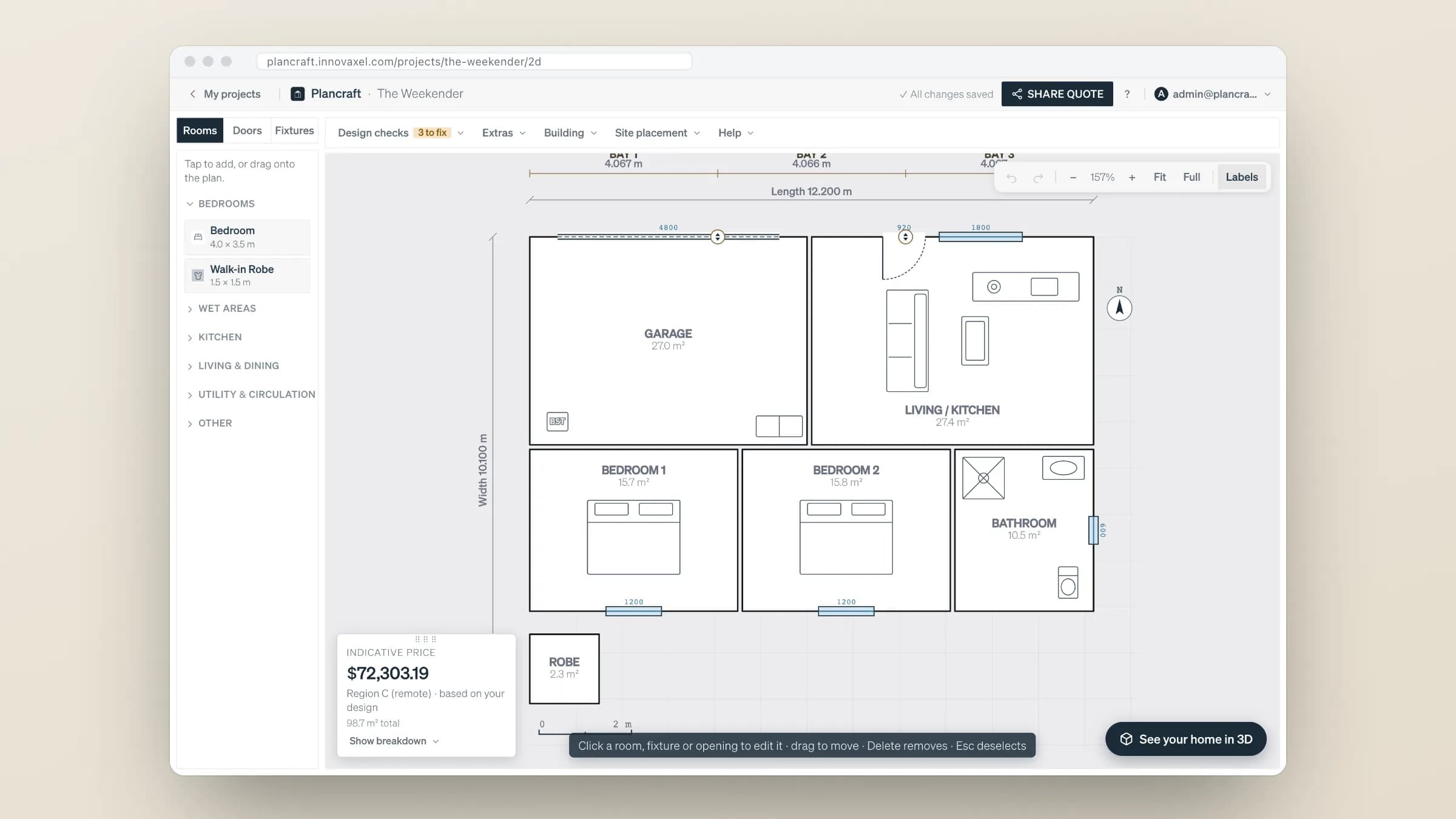 Plancraft: The 2D editor, with a floor plan of The Weekender.