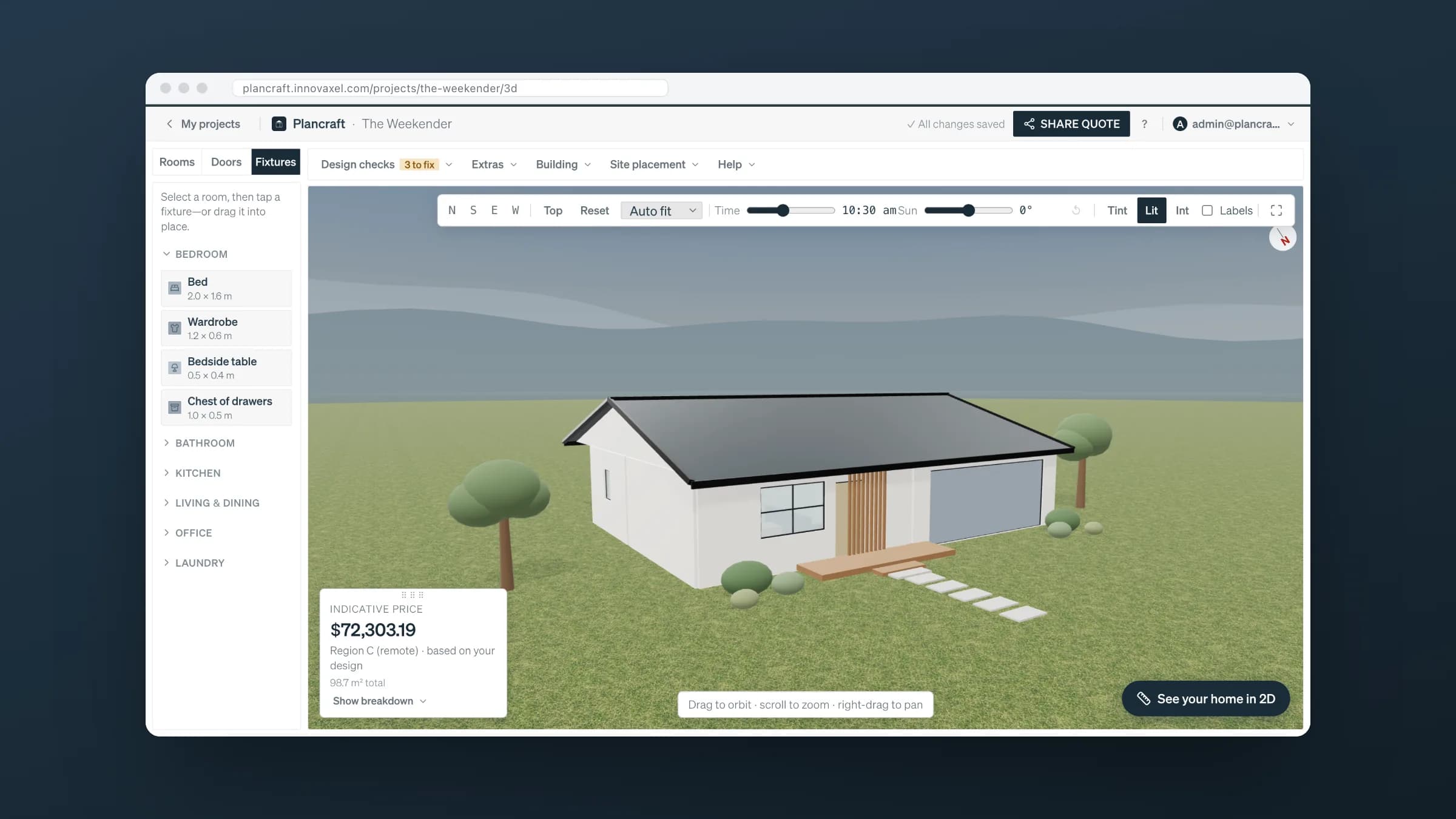 Plancraft: The 3D view, with the time-of-day sun slider.