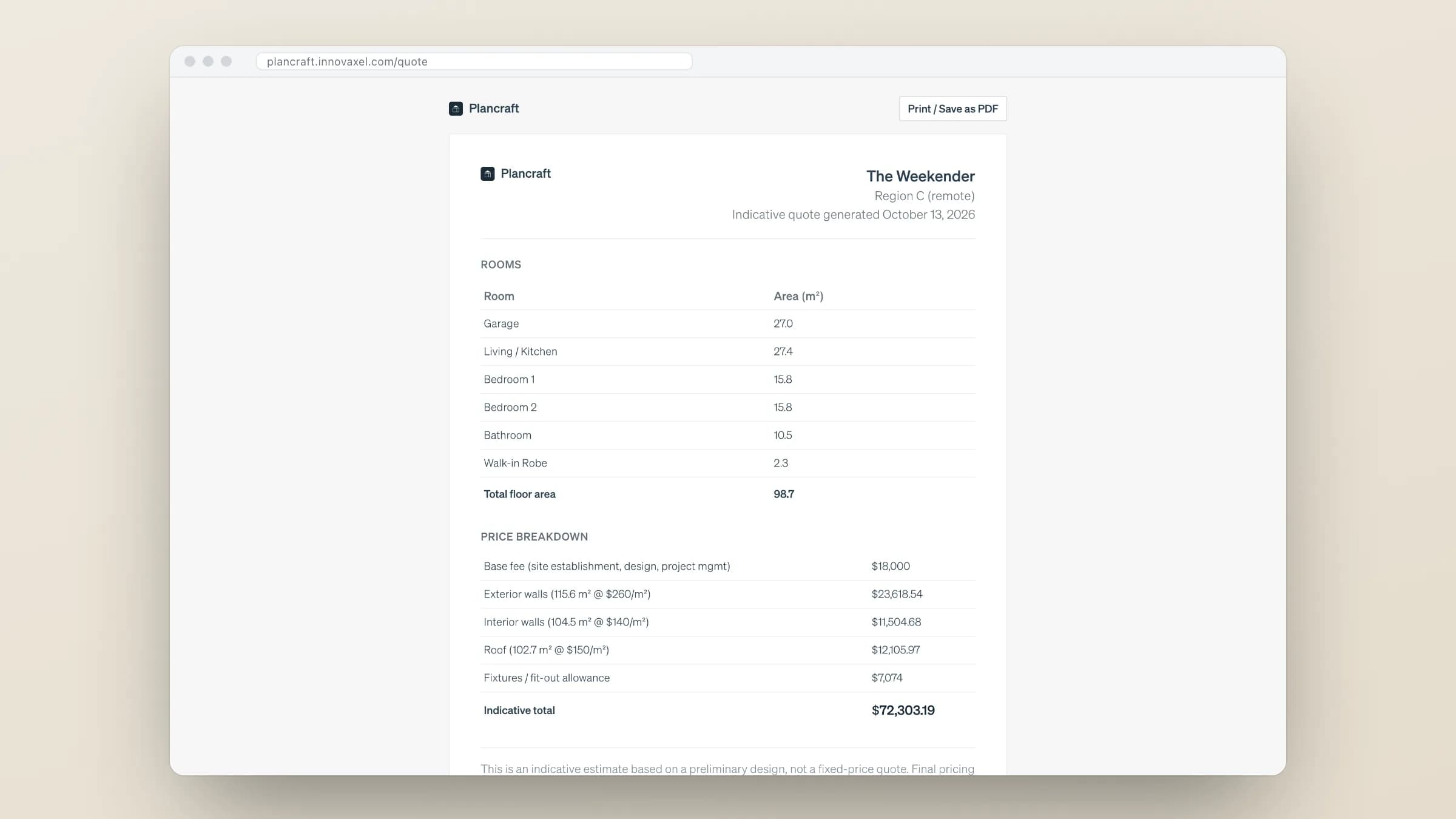 Plancraft: An itemised, indicative quote.