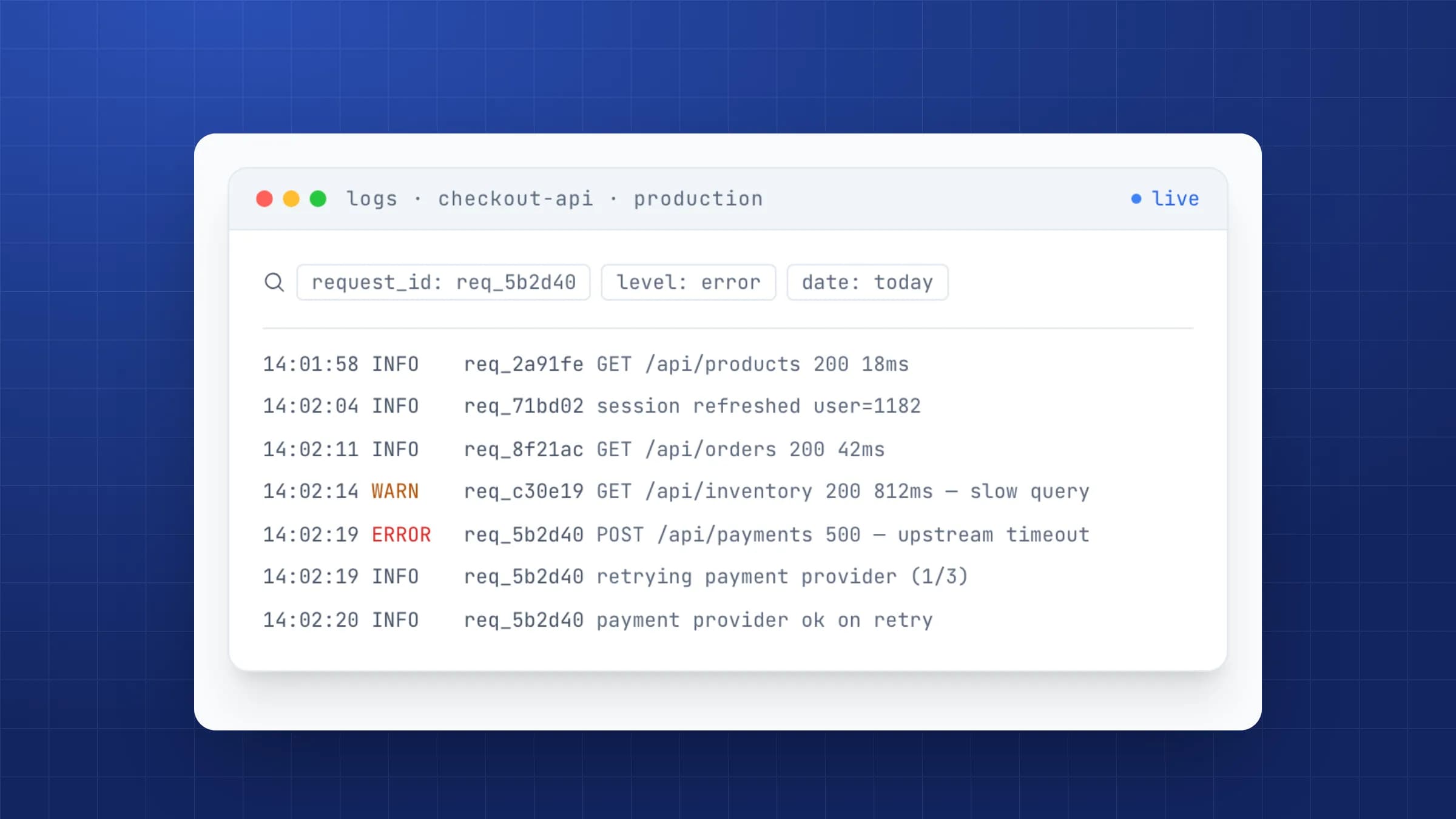 Signal: Logs filtered by request ID, with a live tail.
