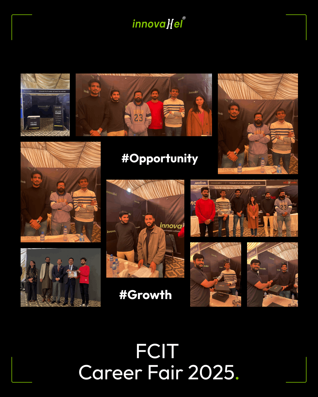 Collage of moments from the FCIT Career Fair, including the Innovaxel booth and team photos