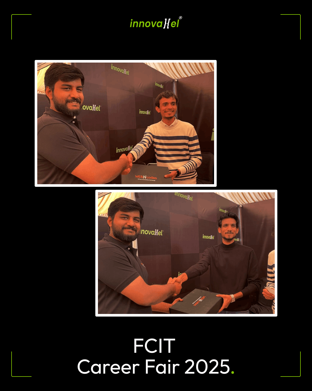 Innovaxel team members shaking hands with visitors at the career fair booth