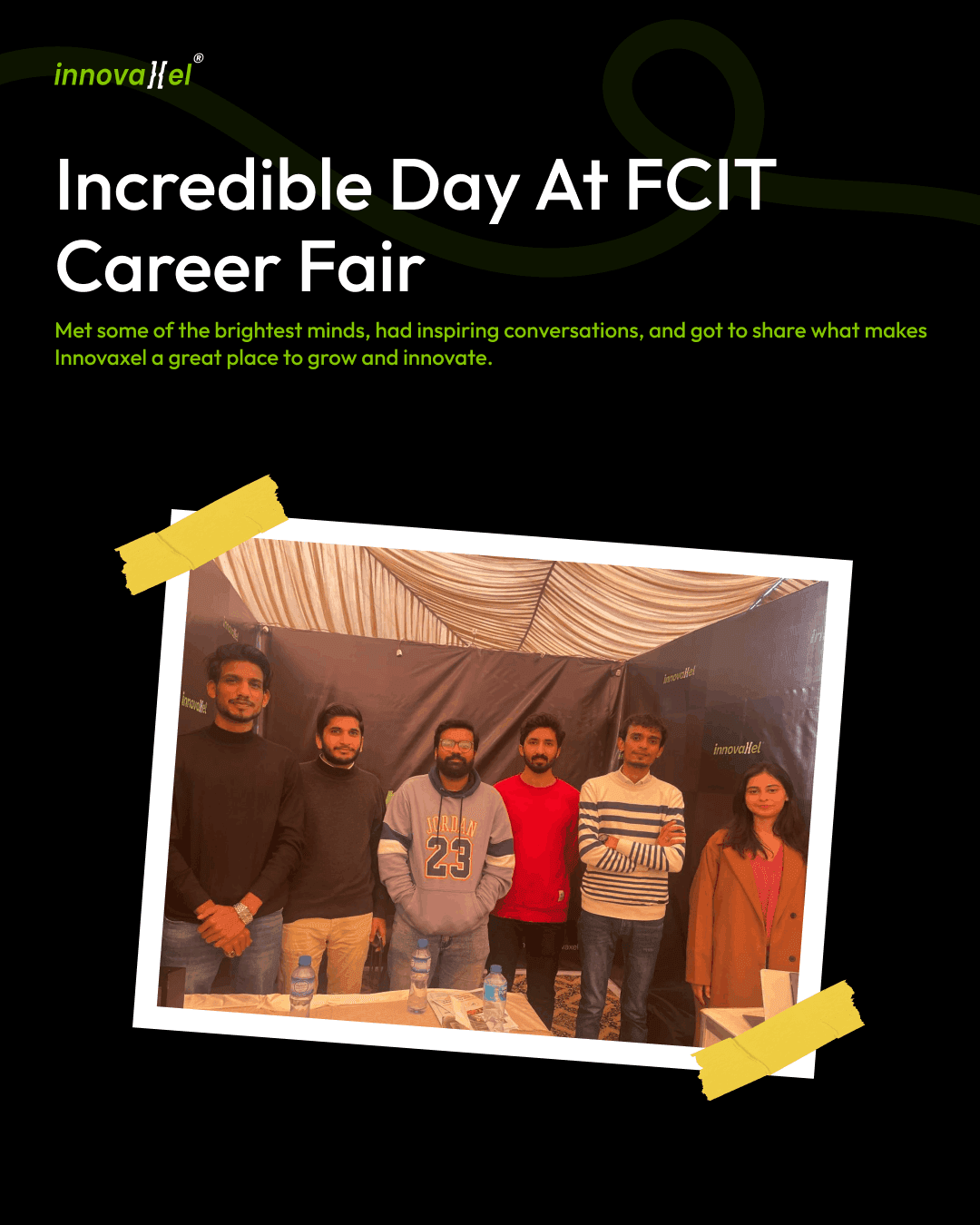 The Innovaxel team standing together at the FCIT Career Fair booth