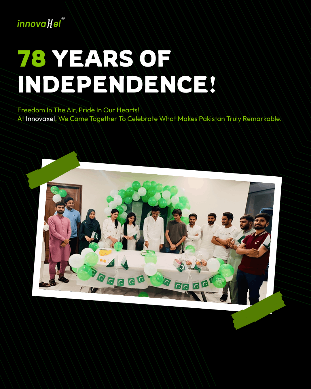 "78 Years of Independence" cover card — the Innovaxel team gathered around a decorated table for Pakistan's Independence Day