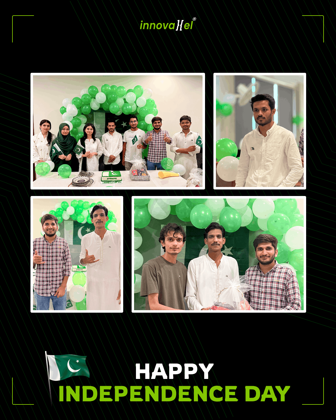 Innovaxel team members posing with the Pakistani flag