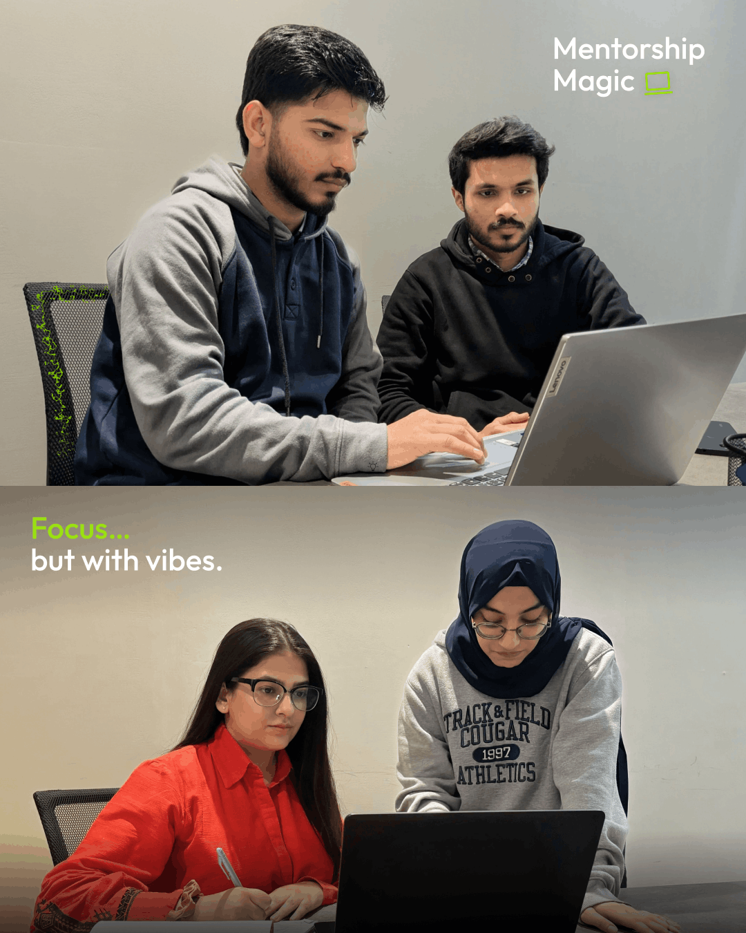 Interns working closely with mentors on laptops during a mentorship session