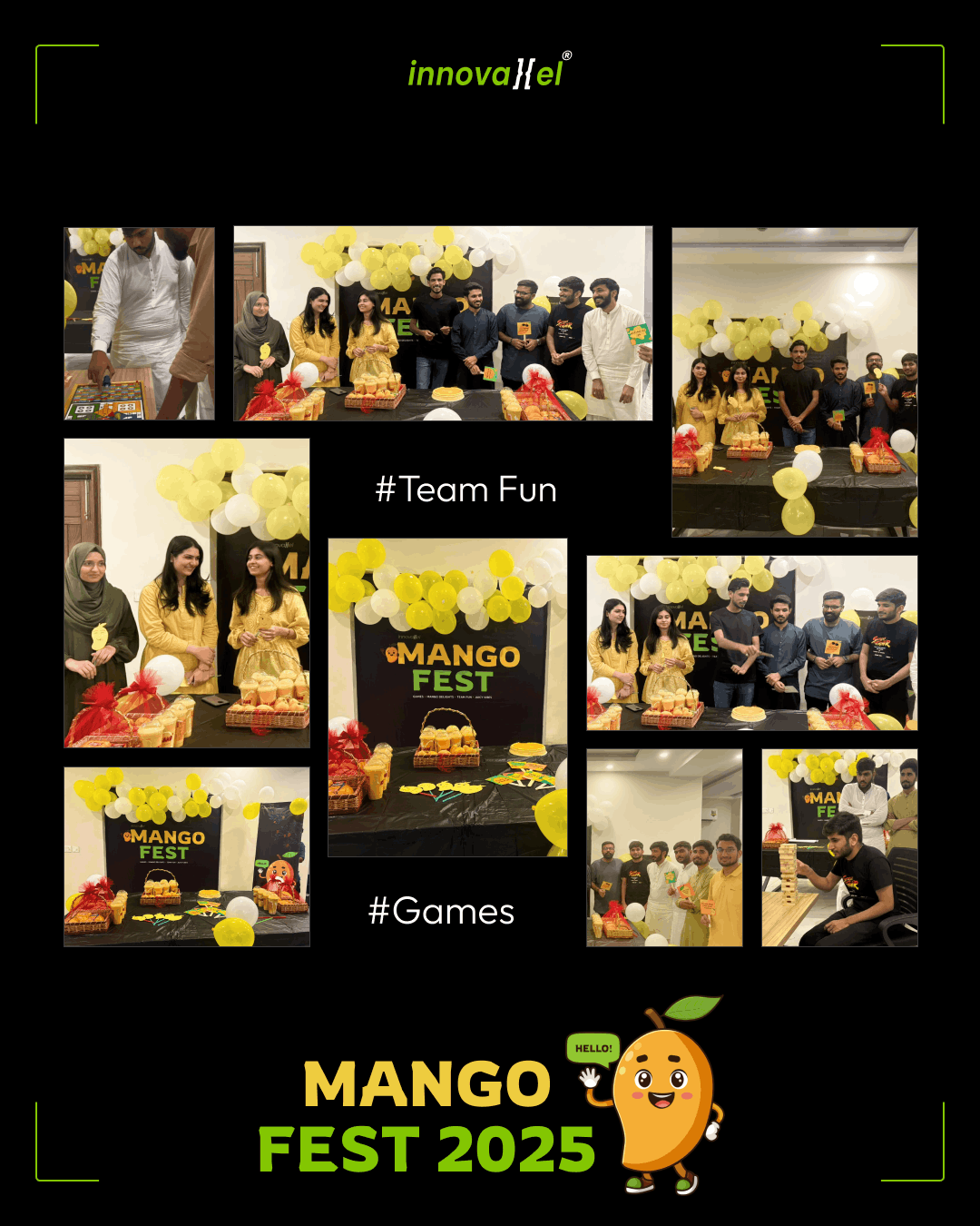 Collage of moments from Mango Fest 2025 — team games and celebrations